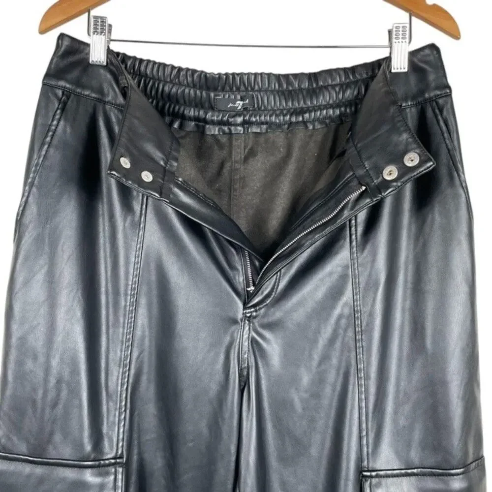 7 For All Mankind Vegan Faux Leather Cargo Pants Size Large Black High Rise EUC